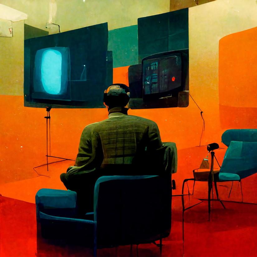 A man in a media room examining screens
