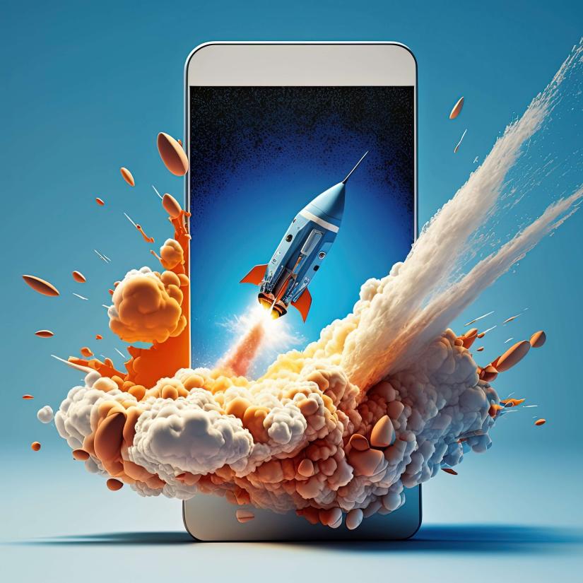 A rocket takes off a plume of smoke enveloping the phone screen it leaves from