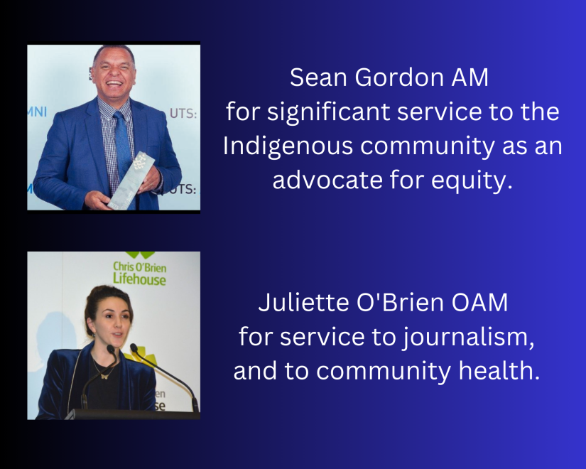 two small images: image of man holding an award and smiling at camera; another image of a woman speaking at a lectern. Text reads Sean Gordon AM and Juliette O'Brien OAM.