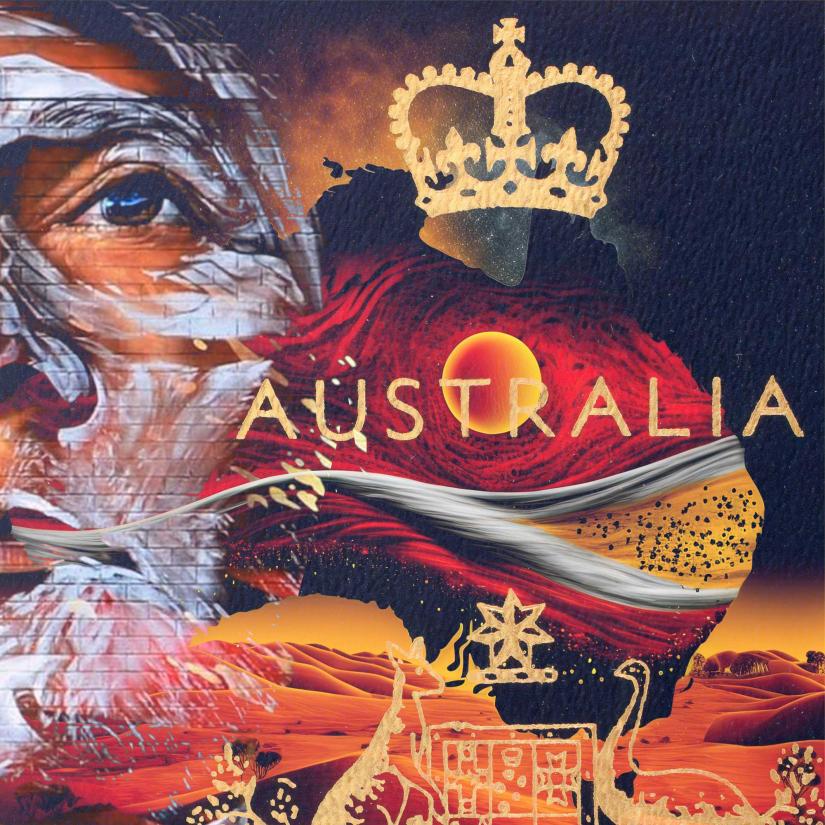 Indigenous map of australia overlaid with image of crown