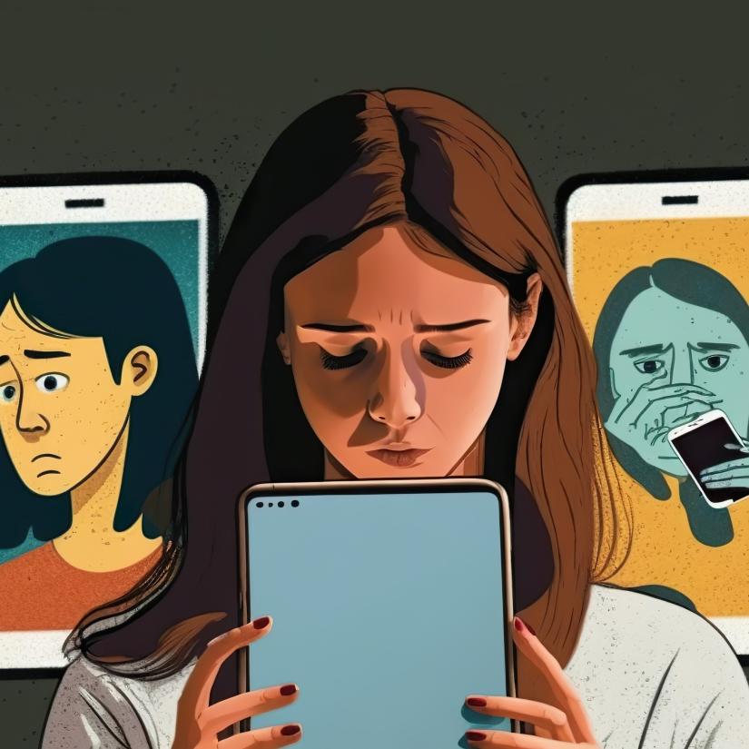 a girl looks at screen, social media profiles behind