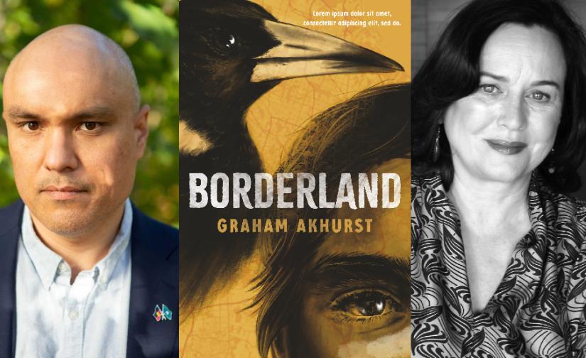 A banner with images of Graham Akhurst, Delia Falconer, and the cover of Borderland.