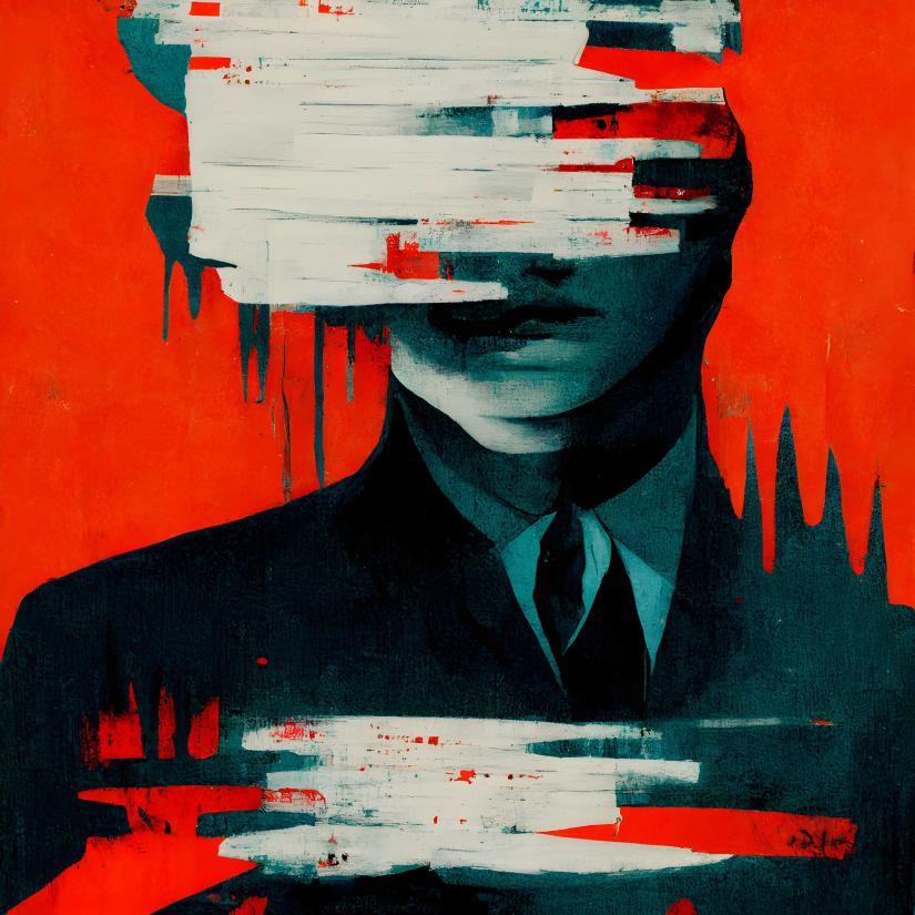 A figure emboldened on a red background but obscured by torn lines