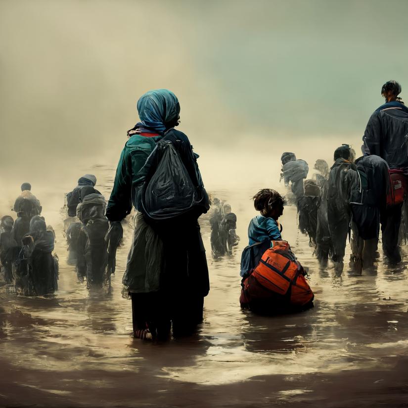 An AI generated oil painitng of refugees walking across shallow water