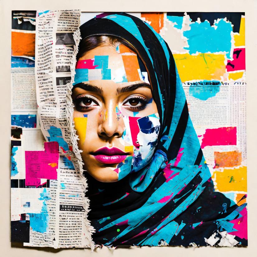 Middle-eastern women shrouded behind collaged layered paper