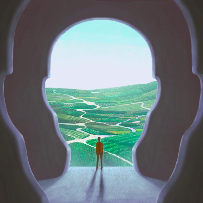 A person looks out over a landscape through frame shaped like a person's face