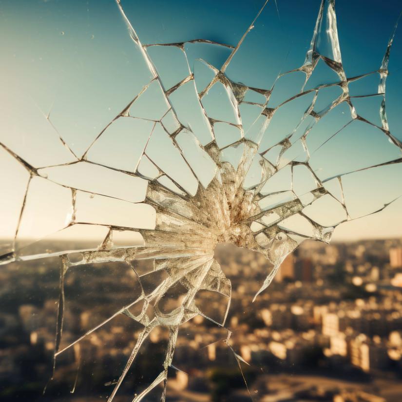 A window shattred by a bullet with a sunlit out of focus horizon