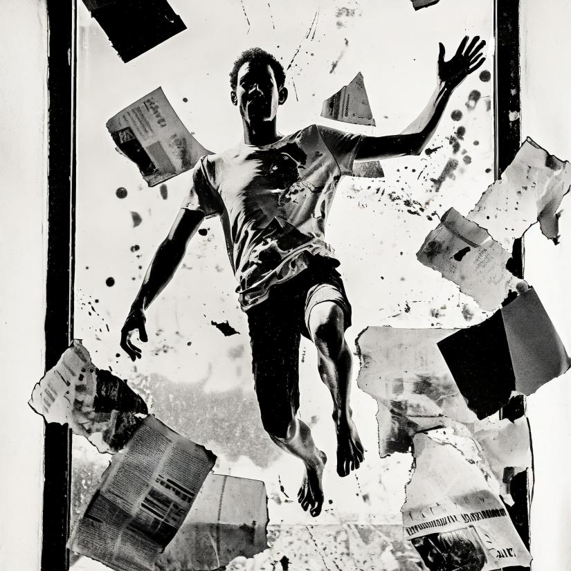 A man flies through a window, torn pages of newspaper flosting to ground beside him