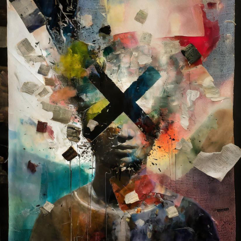 A midshot of a man, head shrouded by an explosive burst of papers, a cross icon obscuring his face in the foreground
