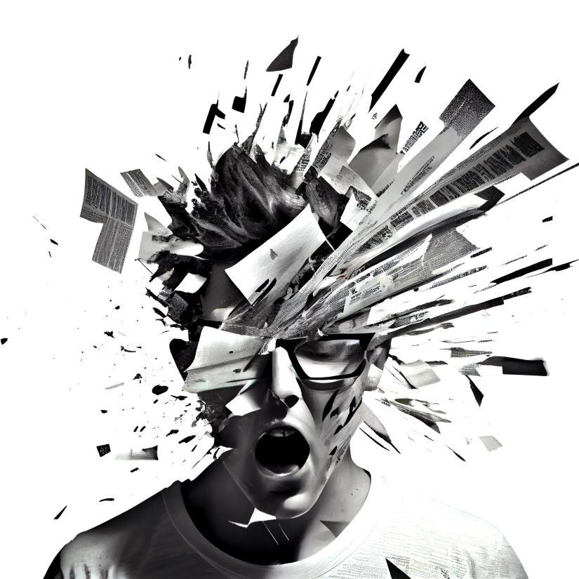 A man with newspapers exploding from his head