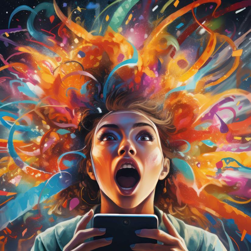 a girl looks amazed as colours stream from her laptop