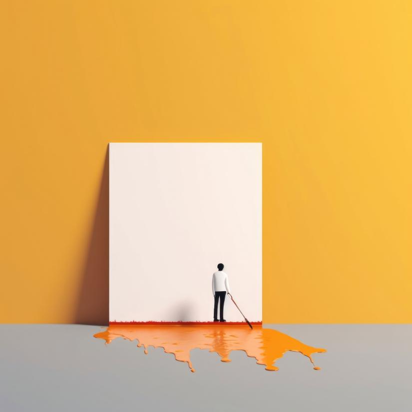 a man stands in front of a blank canvas with the paint spread on the ground