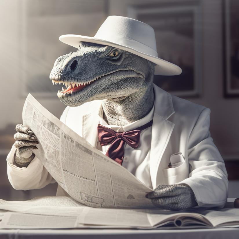 A dinosaur in a sophisticated white suit sits and reads the paper