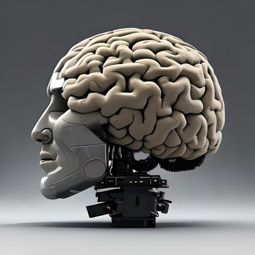 A metal robotic head with a human brain