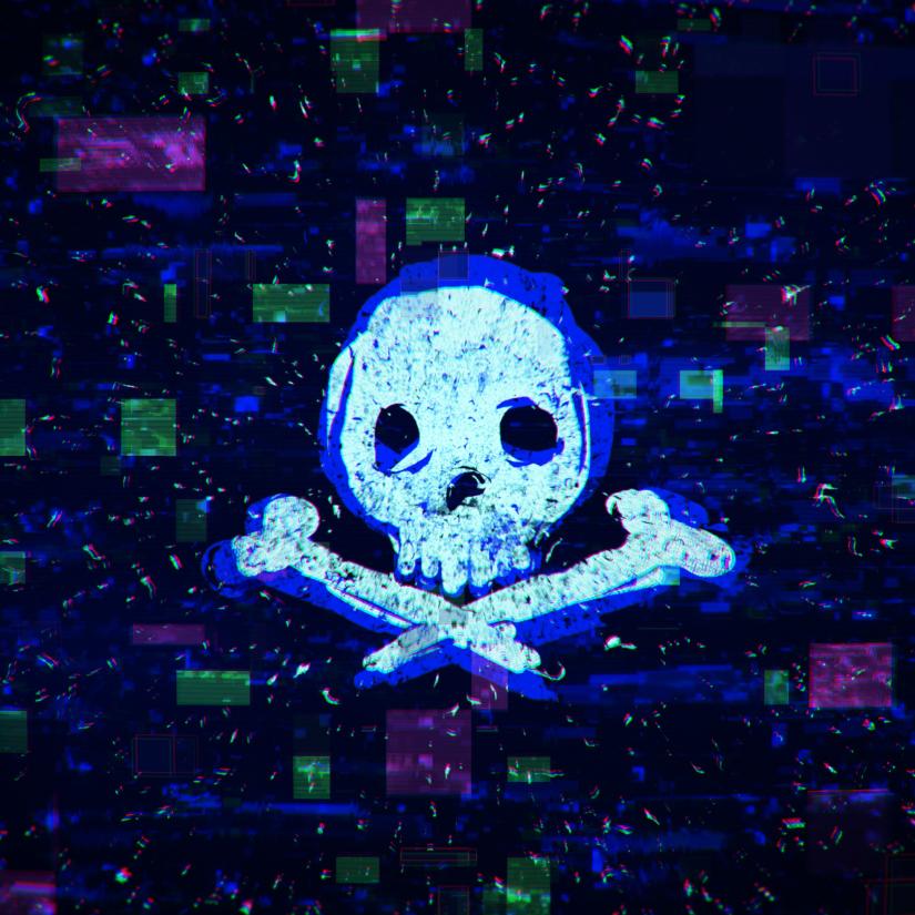 A skull and cross in a digitalised space