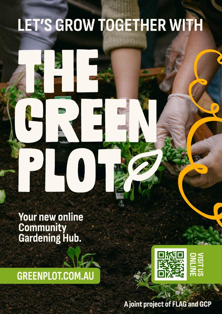 A poster with hands planting seedlings in the background and text saying 'Let's grow together with the Green Plot