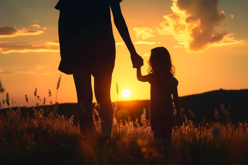 A mother and child stand hand in hand, their silhouettes cast against the golden sky as they bask in the warm glow of the setting sun, surrounded by the lush grass and vibrant plants of a summer