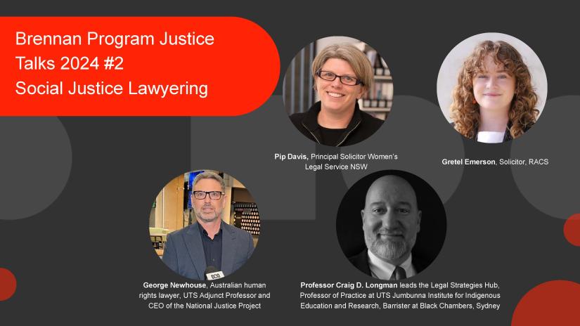 Four headshots of the speakers for Brennan Justice Talk #2 Social Justice Lawyering