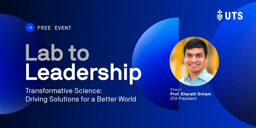 Lab to Leadership event banner with blue background and image of Sharath Sriram