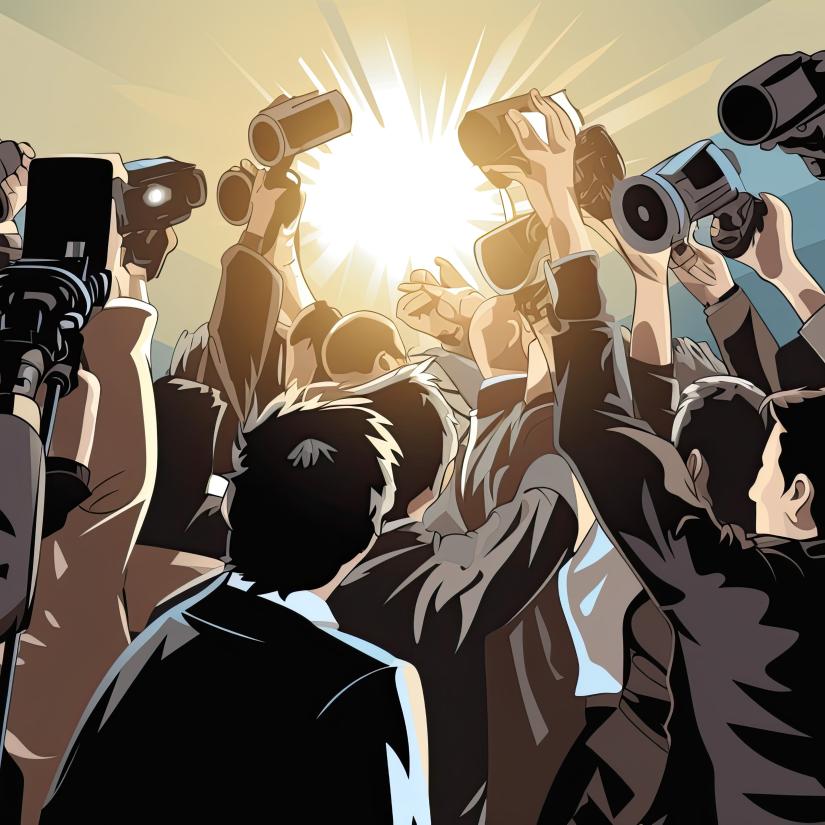 Journalists crowd around a view obscured, spotlights ablaze