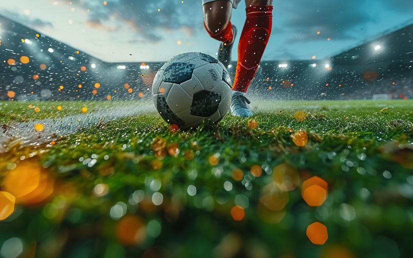 Stock picture of a player kicking a soccer ball from grass level perspective