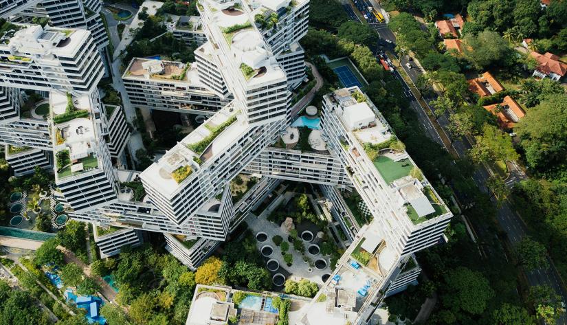 Birds eye view of a series of conjoined apartment buildings
