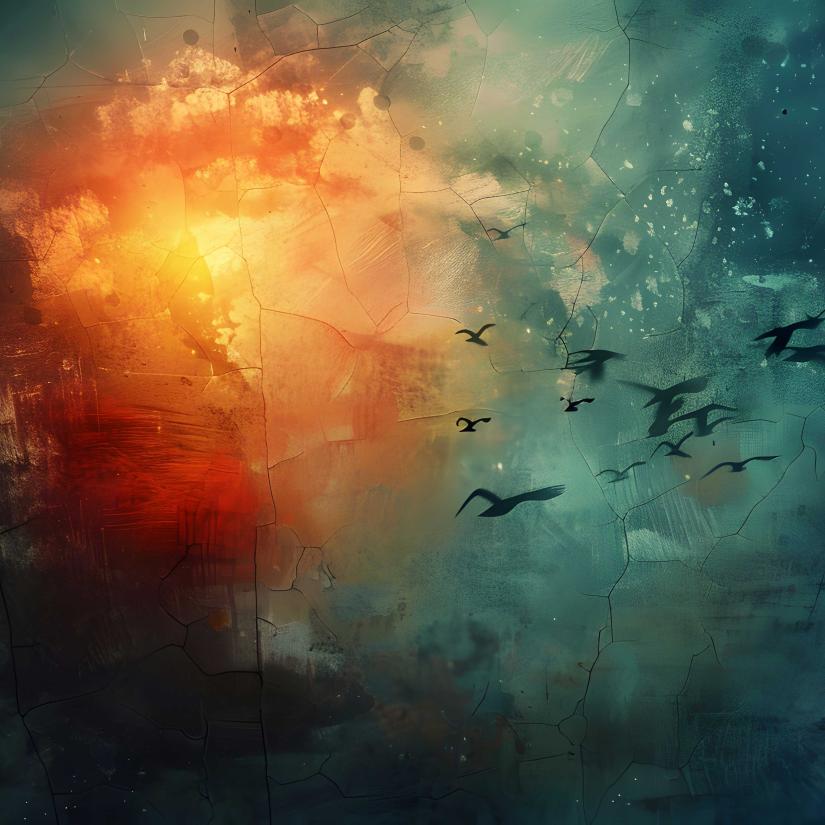 Birds fly through an abstracted green colour scape diffuse with smoke, a blast of haloed ominous red in the background