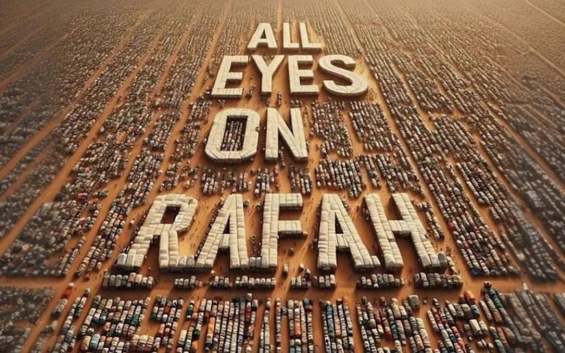 The AI generated image that reads ‘All Eyes On Rafah’ in large block letters.