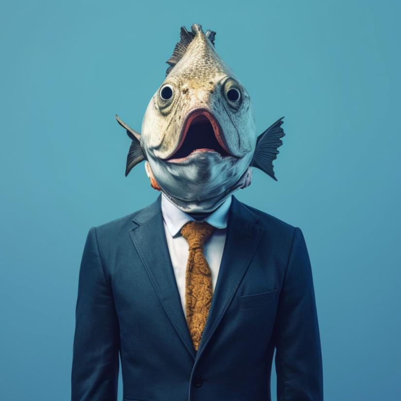 A suit with a fish head