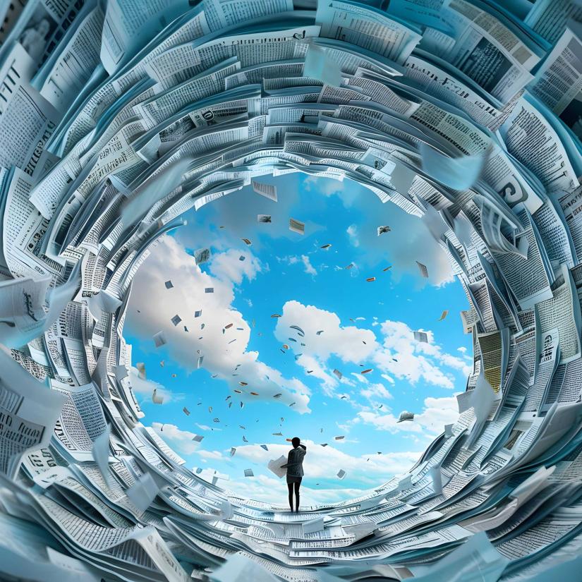 A person looks out towards a sky of billowing clouds, surrounded by a halo of swirling papers