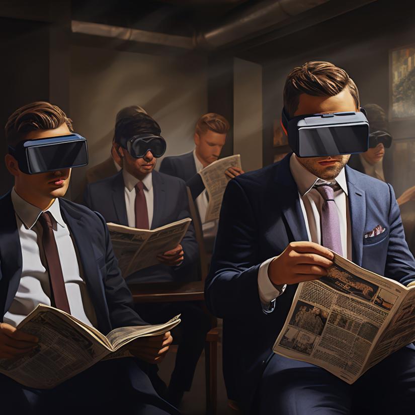 Men sit reading newspapers though their faces are shrouded in VR glasses, a contradiction