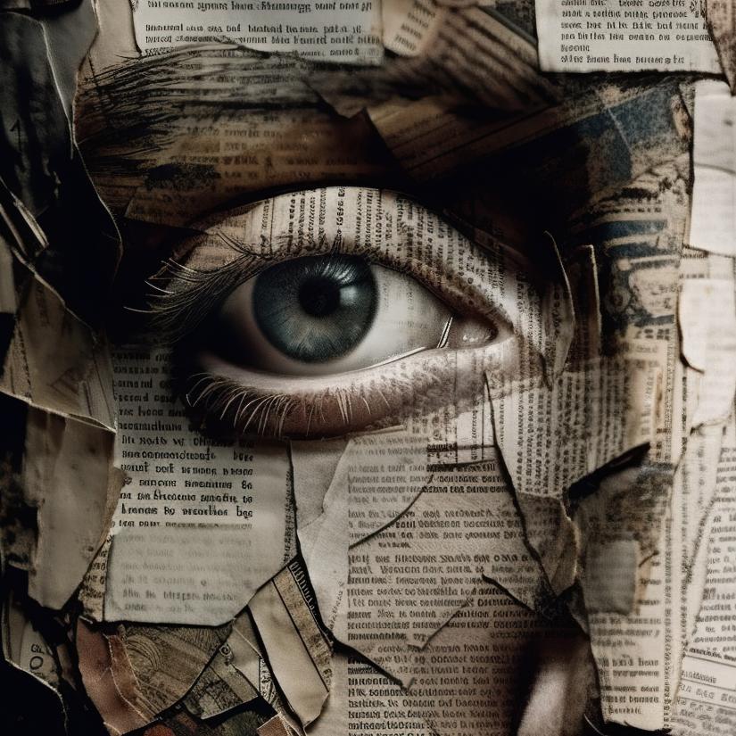 A eye looks our from face comprised of newspaper cuttings