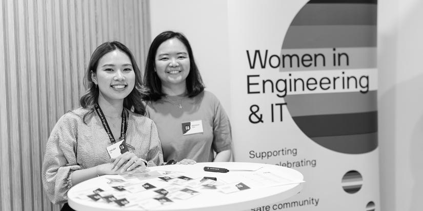 Two female HDR students attending the UTS Women in STEM Research Mentoring Program 2023 graduation event.