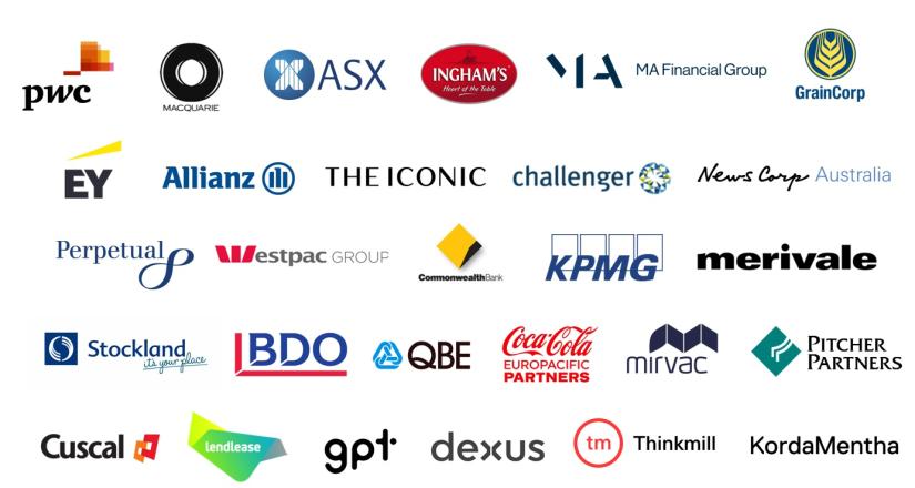 A list of corporate sponsors including PwC, ASX, Macquarie, Inghams, Allianz, EY, QBE, Westpac, MA Financial Group, GrainCorp, The Iconic, Challenger, News Corps Australia, Perpetual, Commonwealth Bank, KPMG, Merivale, Stockland, BDO, QBE, Coca Cola, Mirvac, Pitcher Partners, Cuscal, Lendlease, The GPT Group, Dexus, Thinkmill and KordaMentha. 