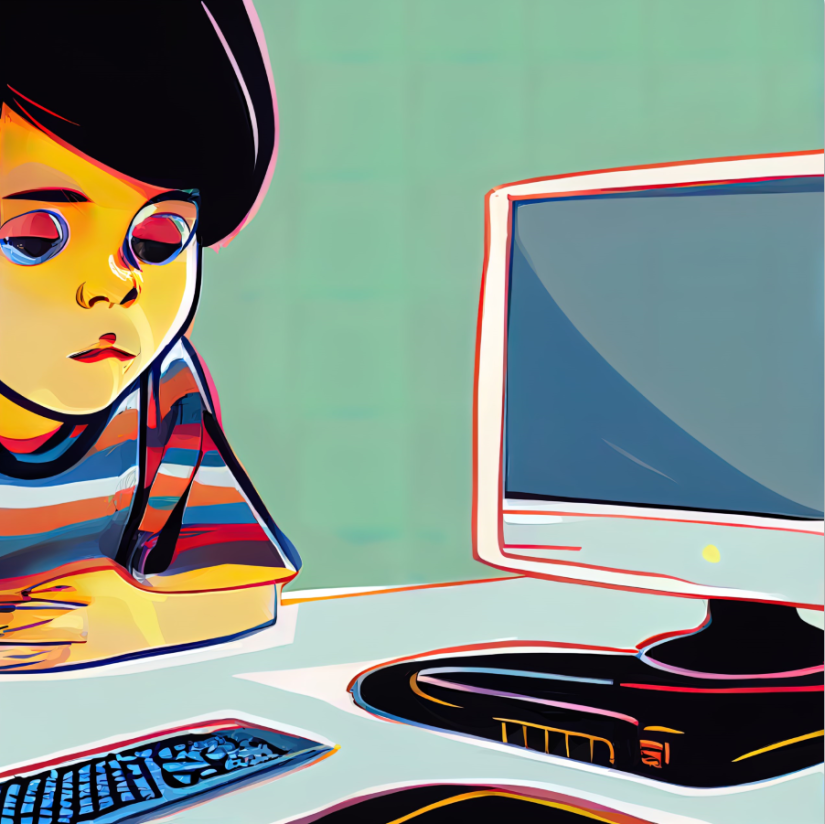 handdrawn boy at a desk looking pensively at keyboard
