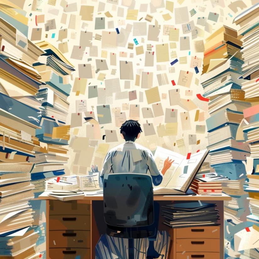 An illustration of a person at their desk, stacks of documents piled up and pinnedon the wall