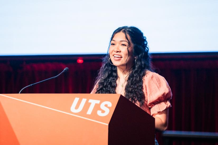 Patricia Tolentino speaking at the UTS Social Impact Showcase