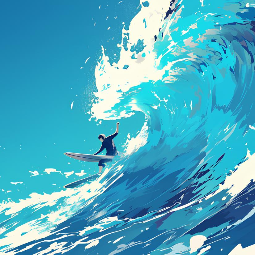 A surfer under a crashing wave