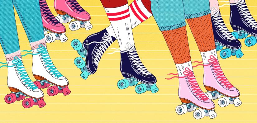 illustration of five roller skaters from the knees down