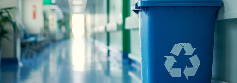 A recycling bin in a hospital corridor