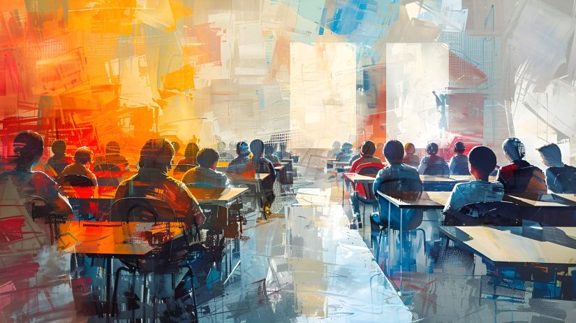 An abstract image of a classroom features vibrant, overlapping colors and geometric shapes.