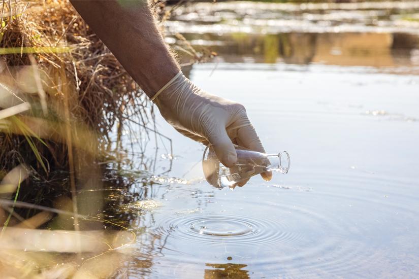 Gloved had reaching into a waterway holding a beaker to collect a water sample