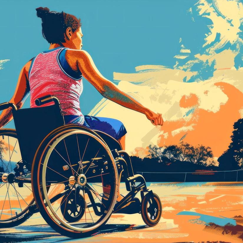 An illustration of a paralympian looking out at a blue sky 