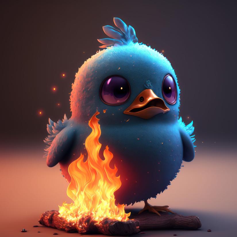 An animated blue twitter bird in flames