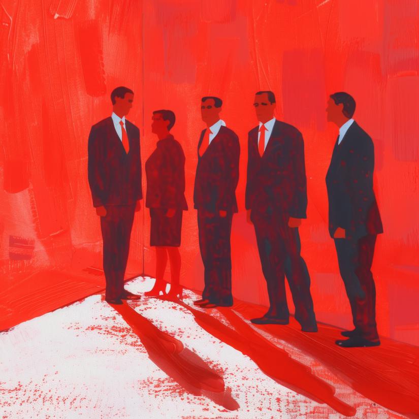 A painting of business people standing haloed by blood red