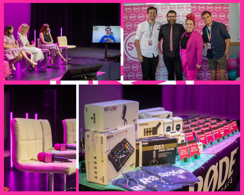 four images in a square on a pink background: image of three in a panel; image of four people getting a photo at media wall; image of empty chairs and pink microphones; image of table with name tags and gifts 