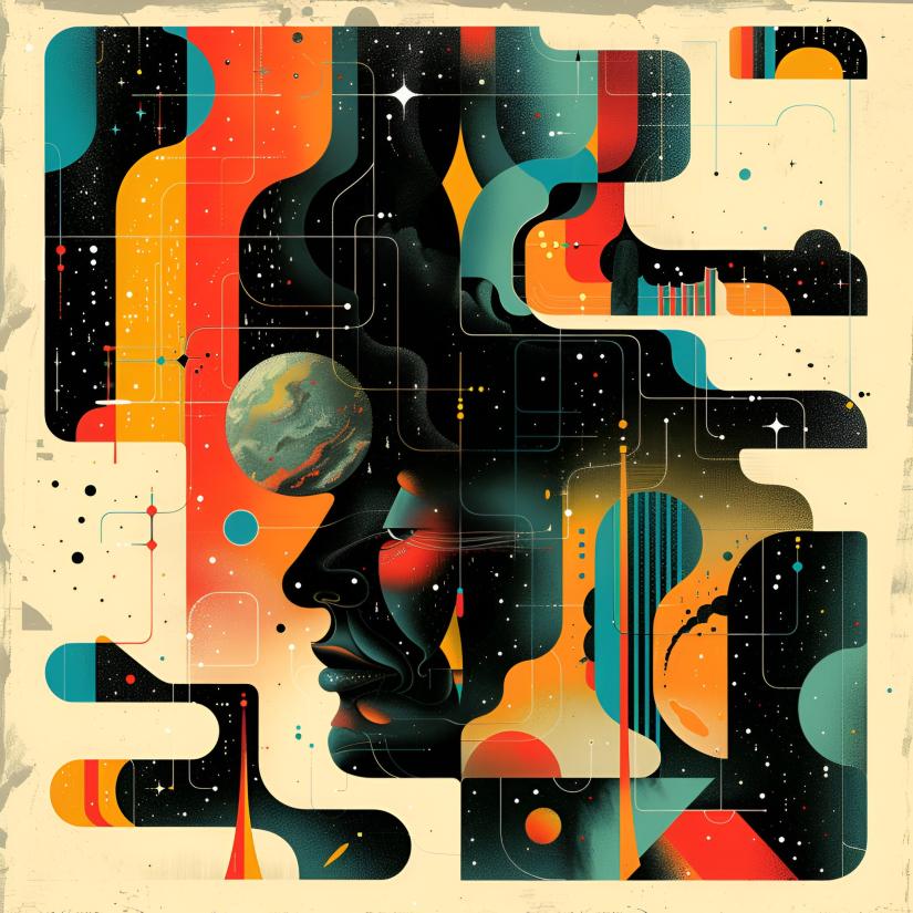 An illustration of a face abstracted and part of patterns that hint at a galaxy