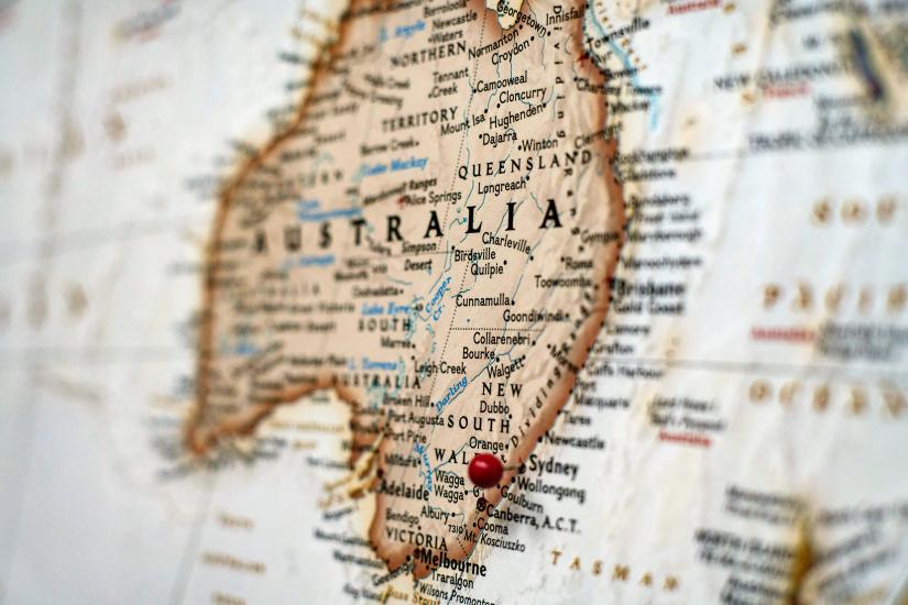 Picture of a map of Australia with a red pin on the location of Sydney