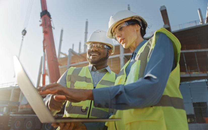 Stock picture of a man and a woman working on a building site