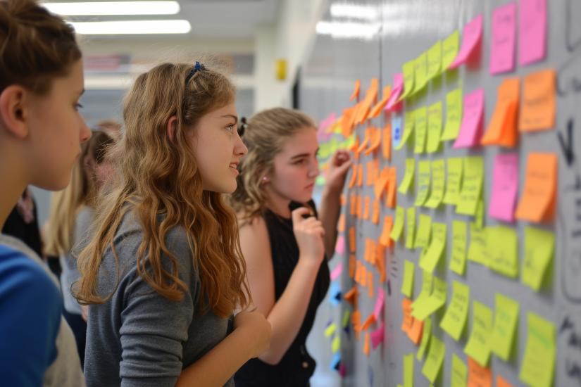 school students look at sticky notes on a wall. Adobe Stock